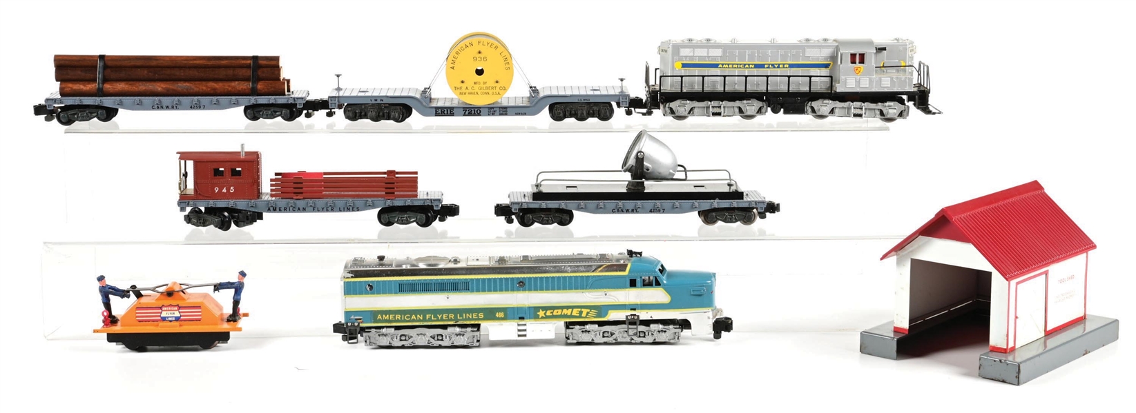 LOT OF 3: AMERICAN FLYER S-GA. NO. 370 DIESEL FREIGHT SET, NO. 466 COMET DIESEL, & NO. 740 HANDCAR W/ SHED