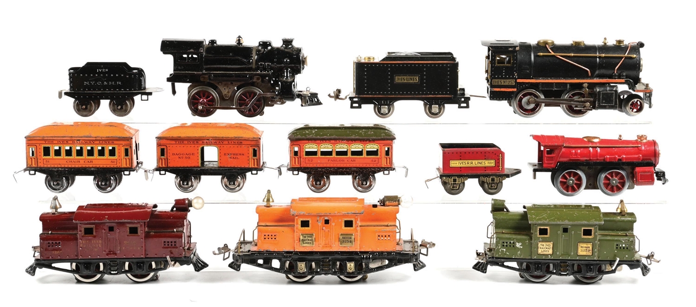 LOT OF 9: PRE-WAR IVES O-GA. STEAM & ELECTRIC LOCOMOTIVES & 3 TIN LITHO PASSENGER CARS