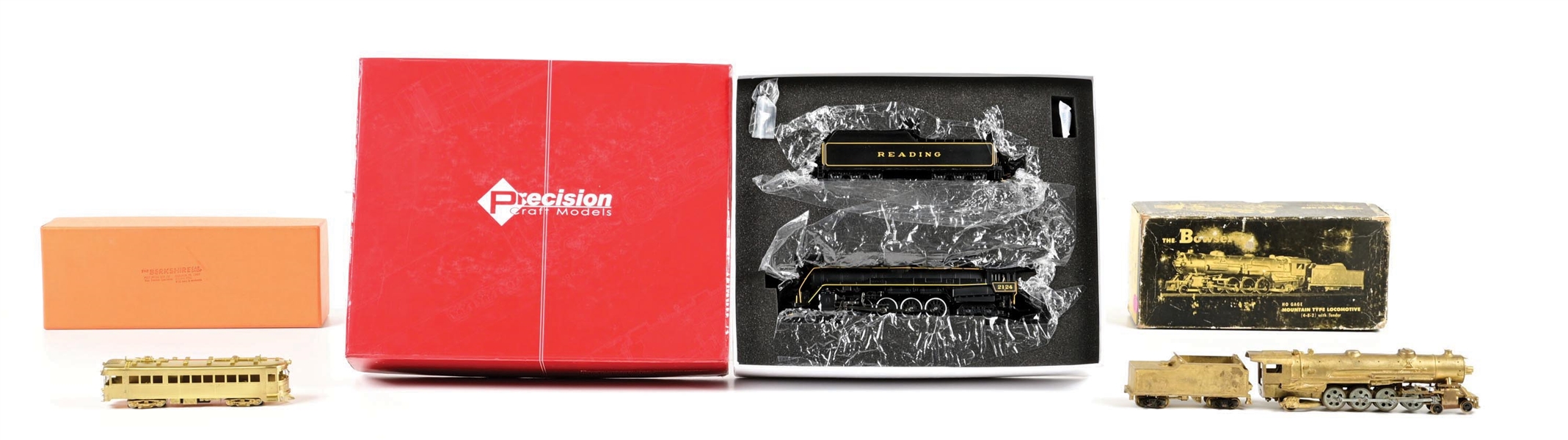 LOT OF 3: HO-GA. PRECISION CRAFT MODELS LOCOMOTIVE, CARWORKS TROLLEY, & BOWSER LOCOMOTIVE