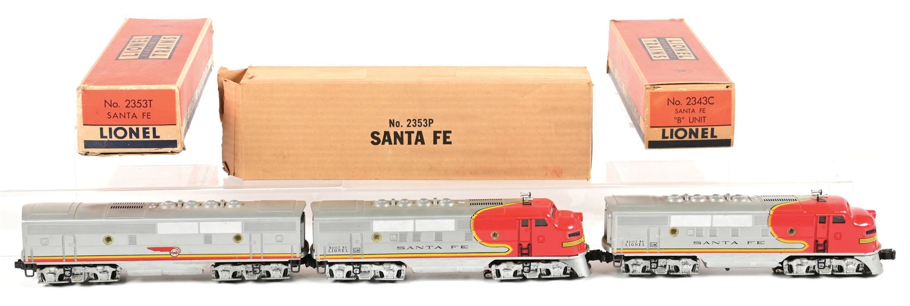 LOT OF 3: POST-WAR LIONEL O-GA. NO. 2353 SANTA FE F-3 ABA UNIT DIESEL LOCOMOTIVES W/ ORIGINAL BOXES