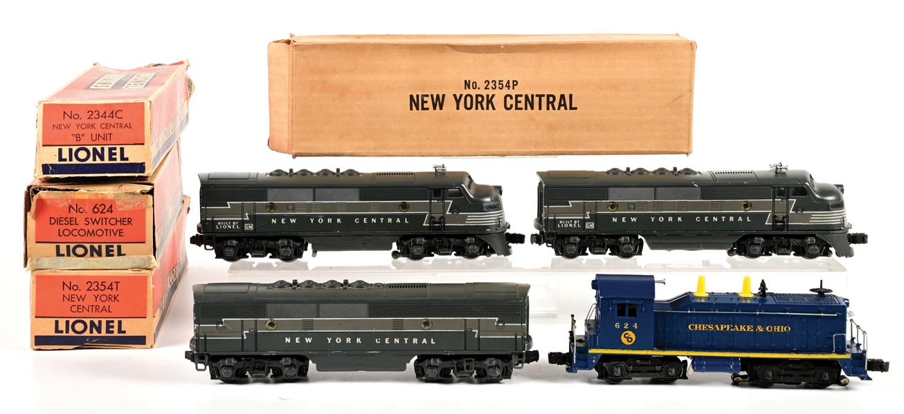 POST-WAR LIONEL O-GA. NO. 2354 NEW YORK CENTRAL F-3 ABA UNIT DIESEL LOCOMOTIVES & NO. 624 C&O DIESEL SWITCHER LOCOMOTIVE W/ ORIGINAL BOXES