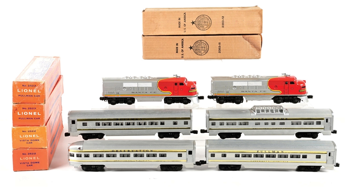POST-WAR LIONEL O-GA. SANTA FE F-3 DIESEL LOCOMOTIVE PRESIDENTIAL PASSENGER CAR SET W/ ORIGINAL BOXES