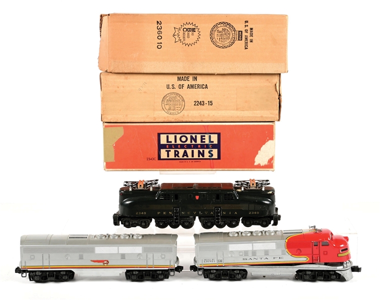 LOT OF 3: POST-WAR LIONEL O-GA. NO. 2243 SANTA FE F-3 DIESELS & NO. 2340 GG-1 ELECTRIC LOCOMOTIVE W/ BOXES