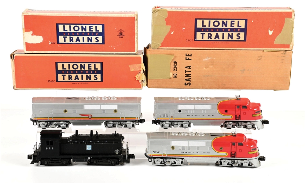POST-WAR LIONEL O-GA. NO. 2343 SANTA FE F-3 ABA UNIT DIESEL LOCOMOTIVE & NO. 622 SANTA FE DIESEL SWITCHER LOCOMOTIVE W/ 4 ORIGINAL BOXES