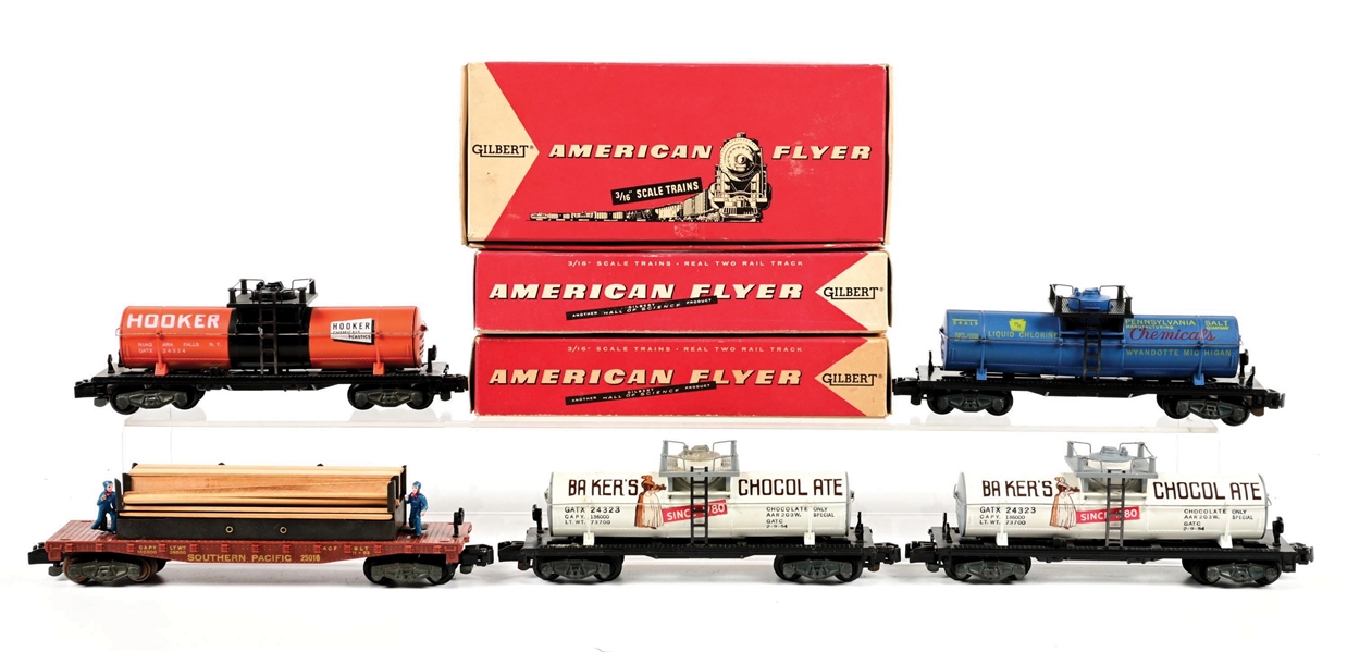 LOT OF 5: AMERICAN FLYER S-GA. TANK CARS & LUMBER UNLOADING CARS W/ 3 ORIGINAL BOXES