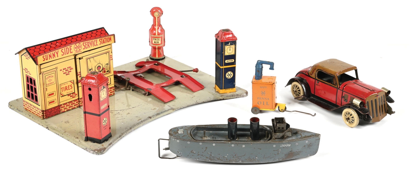 LOT OF 2: MARX SUNNY SIDE SERVICE STATION W/ CAR & 4 OIL PUMPS, IVES 3009 SHIP