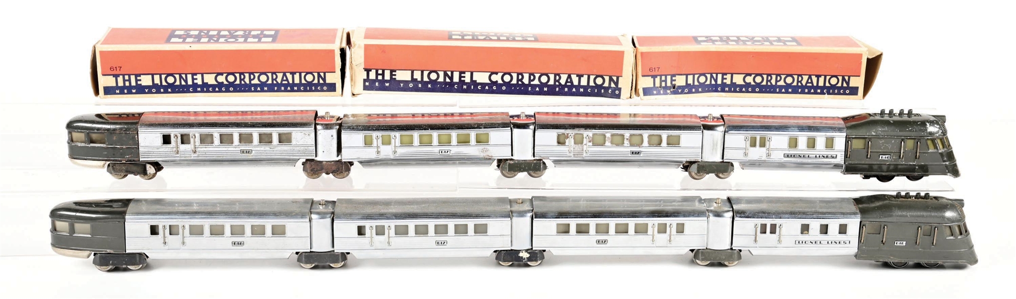 LOT OF 2: PRE-WAR LIONEL O-GA. NO. 616 FLYING YANKEE STREAMLINE PASSENGER SETS W/ SOME ORIGINAL BOXES