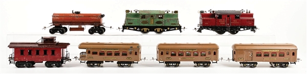 LOT OF 8: IVES STD-GA. ELECTRIC LOCOMOTIVE, PASSENGER, & FREIGHT CARS ASSORTMENT