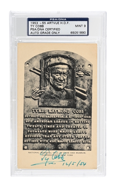 TY COBB SIGNED HOF ARTVUE PLAQUE PSA/DNA MT 9