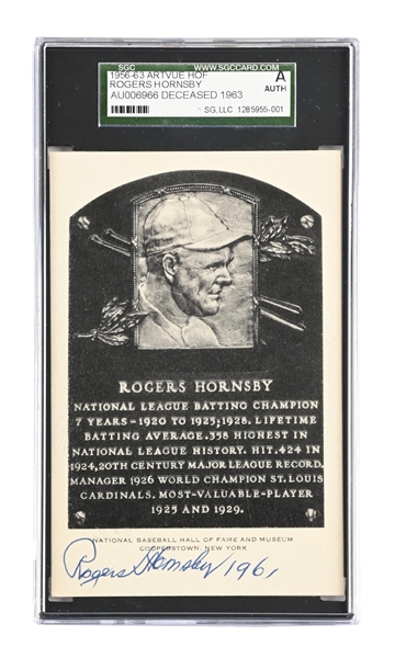 ROGERS HORNSBY SIGNED ARTVUE HOF PLAQUE SGC