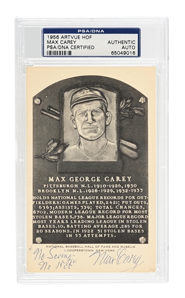 MAX CAREY SIGNED ARTVUE SIGNED HOF PLAQUE PSA/DNA