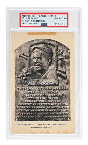 TRIS SPEAKER SIGNED ARTVUE HOF PLAQUE PSA/DNA GEM MT 10