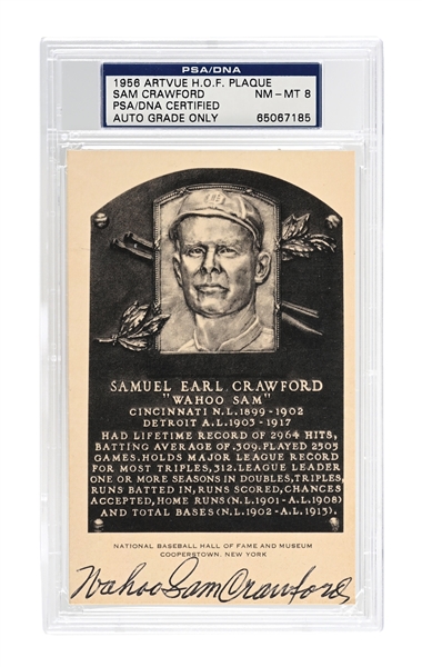WAHOO SAM CRAWFORD DOUBLE SIGNED ARTVUE HOF PLAQUE PSA/DNA 8