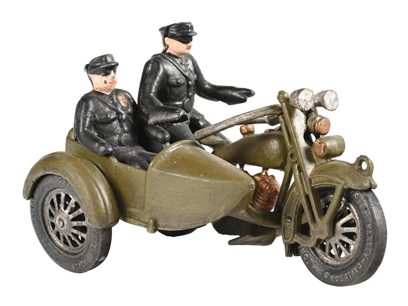 HUBLEY MFG. CO. CAST IRON POLICE MOTORCYCLE WITH RIDERS AND SIDECAR