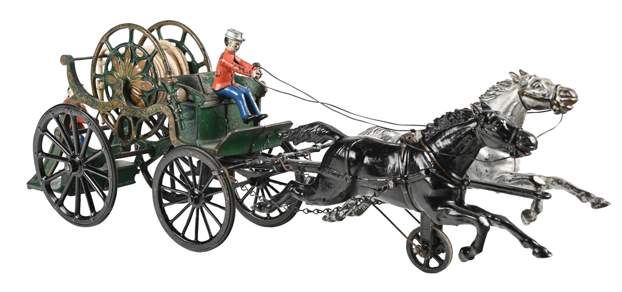 IVES CAST IRON HORSE DRAWN FIRE HOSE REEL CART