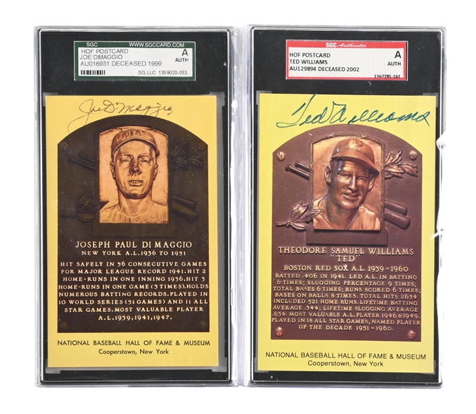 LOT OF 2: SIGNED YELLOW HOF POSTCARDS OF JOE DIMAGGIO AND TED WILLIAMS