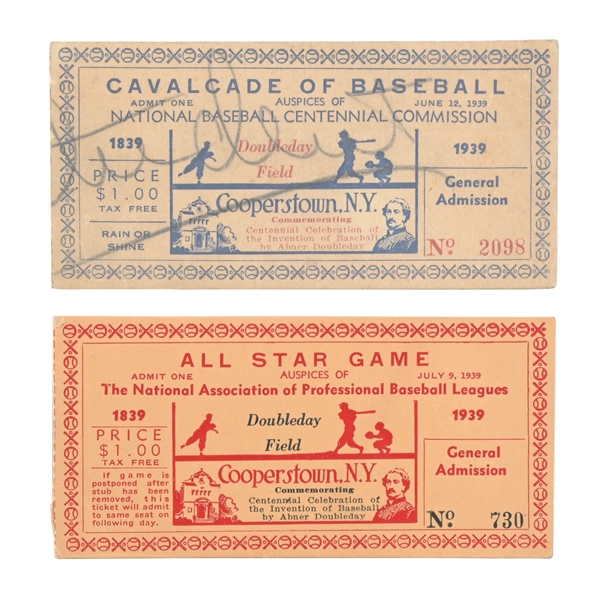 LOT OF 2:1839-1939 CAVALCADE OF BASEBALL AND ALL-STAR GAME COOPERSTOWN, N.Y. ADMISSION TICKETS 
