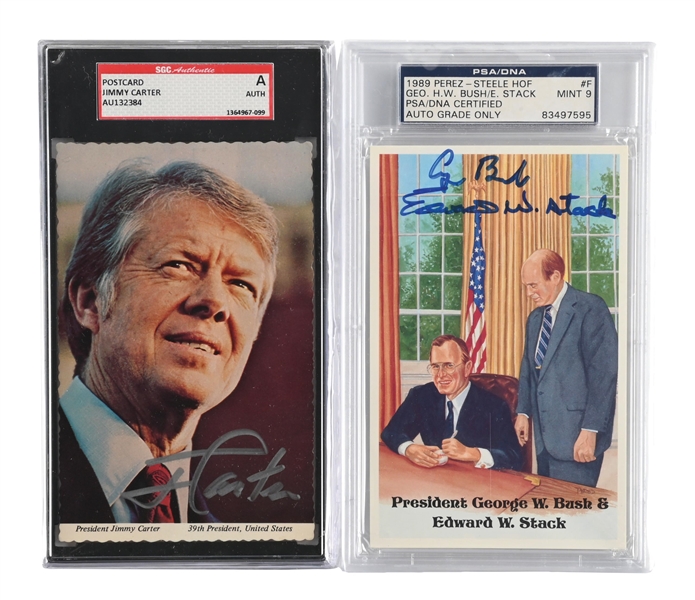 LOT OF 2: SIGNED AND GRADED PRESIDENTS GEORGE W. BUSH, EDWARD W. STACK, AND JIMMY CARTER POSTCARDS 