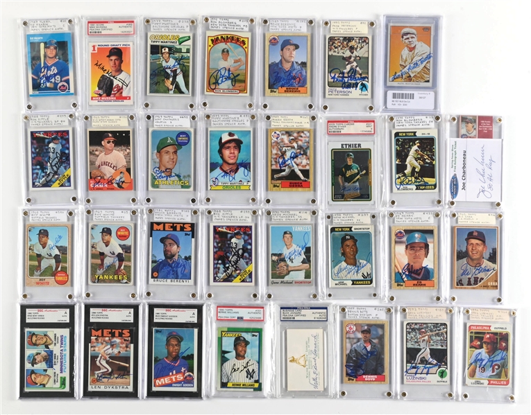 LOT OF 31: SIGNED BASEBALL CARDS AND CUTS, SOME PSA & SGC ENCAPSULATED 