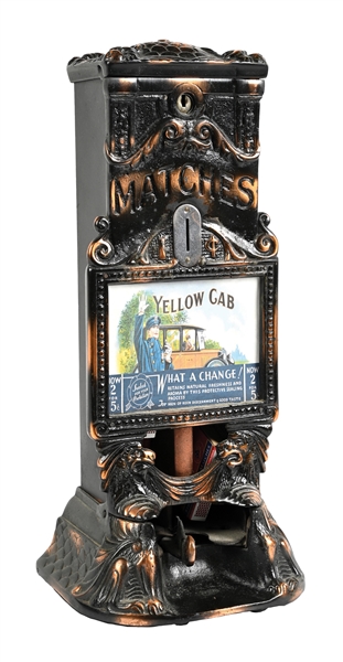 KREMA MFG. CO. ONE CENT ADVERTISER MATCH VENDING MACHINE AND YELLOW CAB CHANGE DISPENSER