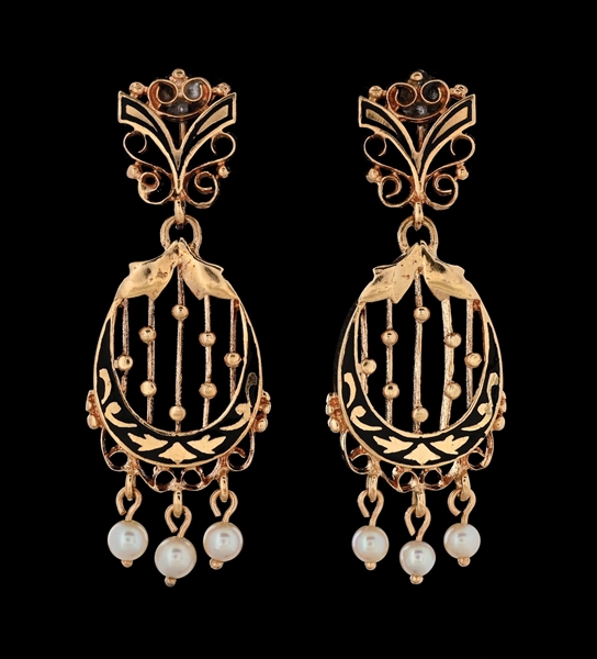 14K YELLOW GOLD ANTIQUE ENAMELED DROP EARRINGS W/SEED PEARLS 