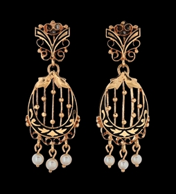 14K YELLOW GOLD ANTIQUE ENAMELED DROP EARRINGS W/SEED PEARLS 