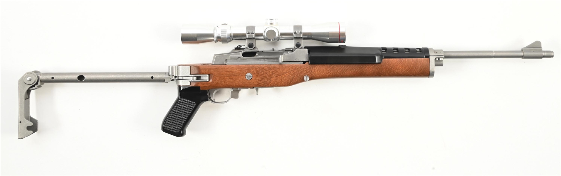 (M) STAINLESS FOLDING STOCK RUGER MINI 14 SEMI-AUTOMATIC RIFLE WITH DISIREABLE FOLDING STOCK.