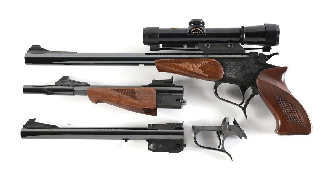 (M) THOMPSON CENTER CONTENDER SINGLE SHOT PISTOL 3 BARREL SET WITH TC HARD CASE.