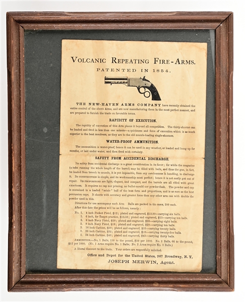 VINTAGE  FRAMED VOLCANIC REPEATING FIRE-ARMS BROADSIDE.