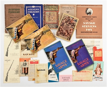 LARGE LOT OF 19 VINTAGE STEVENS AND SAVAGE GUN CATALOGS, FLYERS, PAPER.