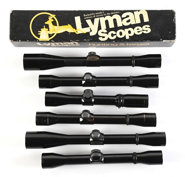 LOT OF 6: RIFLE SCOPES, MOSTLY LYMAN ALL AMERICAN.