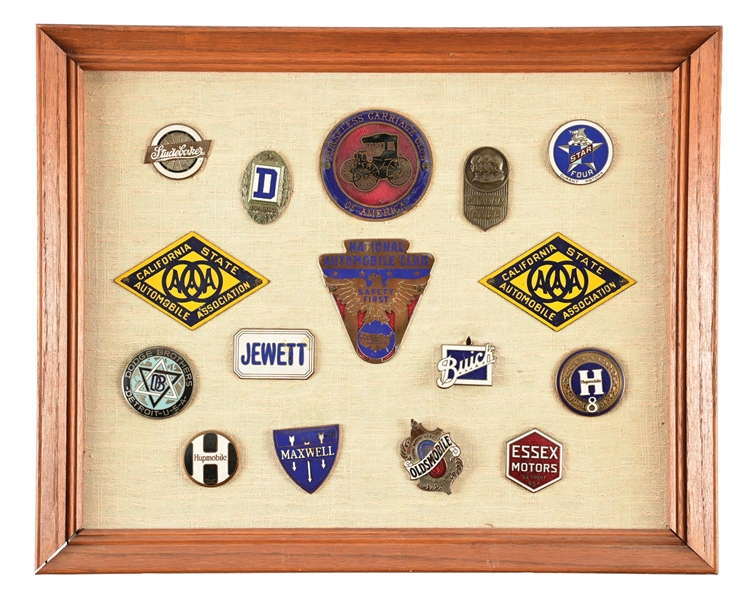 FRAMED AUTOMOBILE & RADIATOR BADGE COLLECTION. 