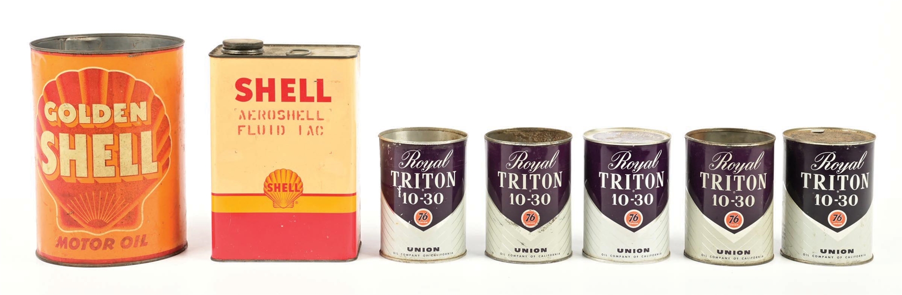 COLLECTION OF 7: SHELL AND UNION 76 ROYAL TRITON MOTOR OIL CANS. 
