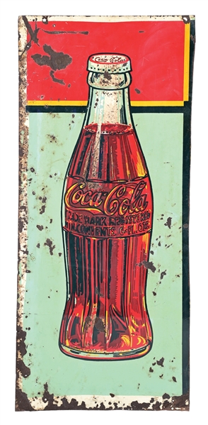 COCA-COLA TIN ADVERTISING SIGN WITH BOTTLE GRAPHIC