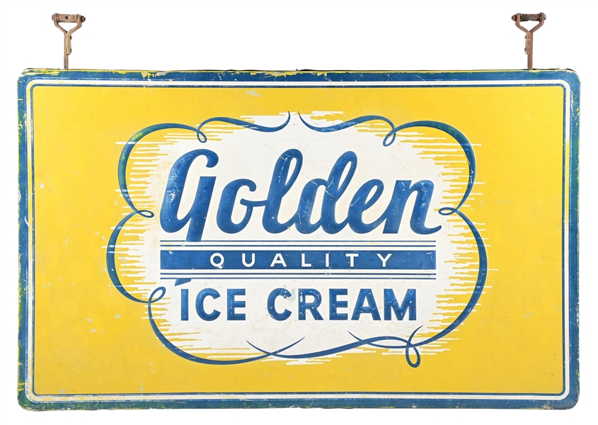 GOLDEN QUALITY ICE CREAM DOUBLE SIDED EMBOSSED PORCELAIN SIGN WITH HANGERS