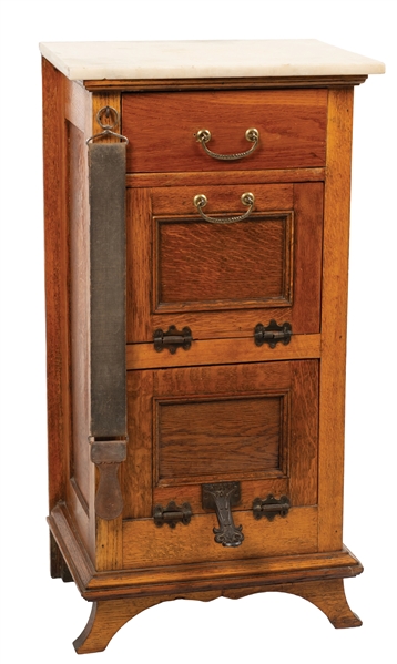OAK BARBER SHOP CABINET WITH MARBLE TOP