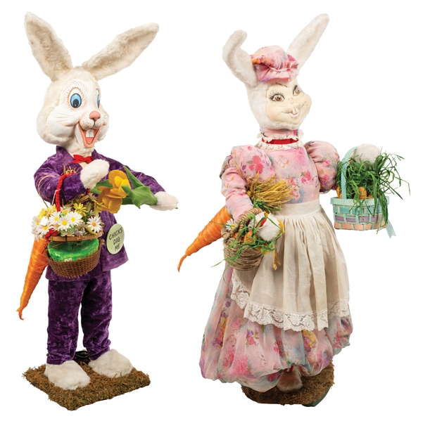 LOT OF 2 ANIMATRONIC BOY AND GIRL BUNNIES WITH THREE BASKETS