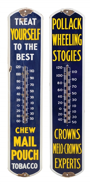 LOT OF 2 MAIL POUCH AND POLLACK STOGIES ADVERTISING THERMOMETERS