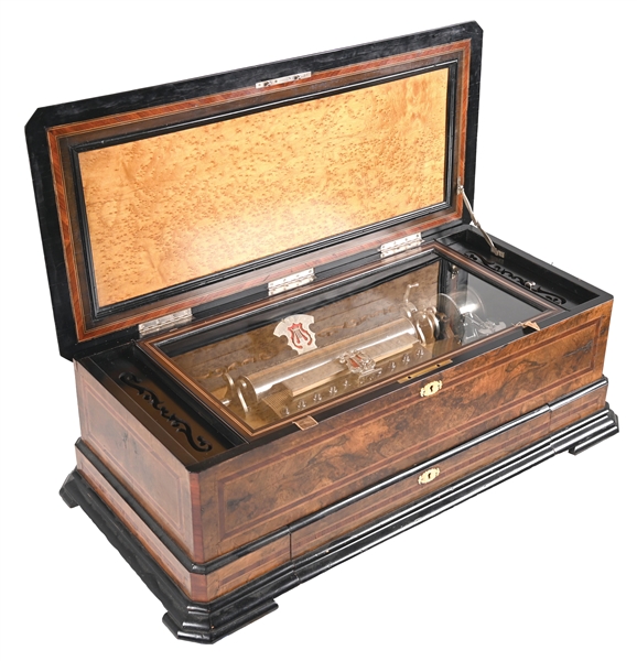 BEAUTIFUL SWISS LARGE FORMAT CYLINDER MUSIC BOX WITH 4 INTERCHANGEABLE CYLINDERS