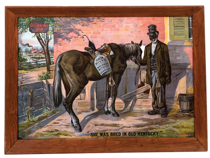 FRAMED PAINTED TIN ADVERTISING FOR GREEN RIVER WHISKEY