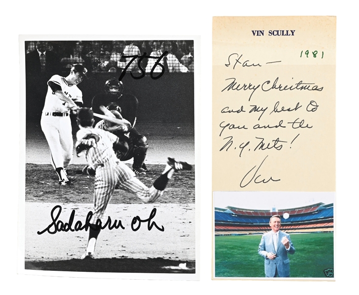 VIN SCULLY HANDWRITTEN CHRISTMAS NOTE & SADAHARU OH SIGNED PHOTOGRAPH