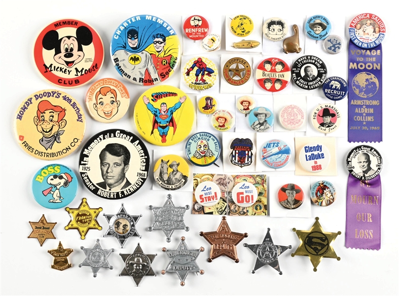 LARGE LOT OF MISCELLANEOUS POP-CULTURE PINS & STAR-SHAPED SHERIFF PINS