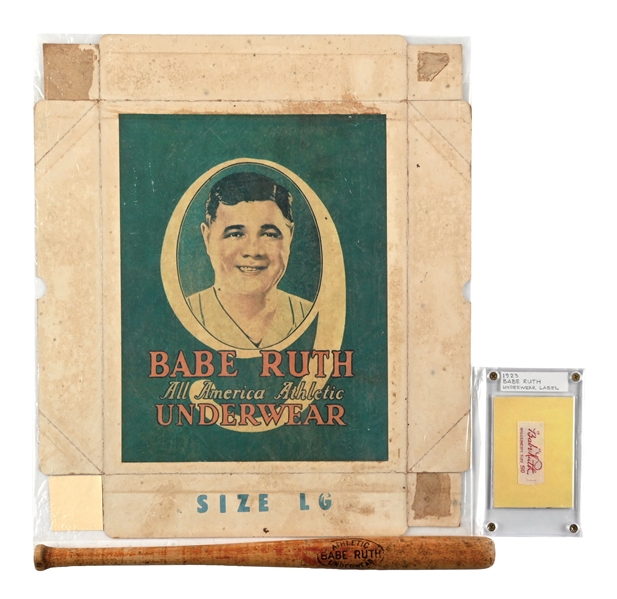 LOT OF 3: 1923 BABE RUTH ATHLETIC UNDERWEAR LABEL, ADVERTISING BOX & MINIATURE BASEBALL BAT