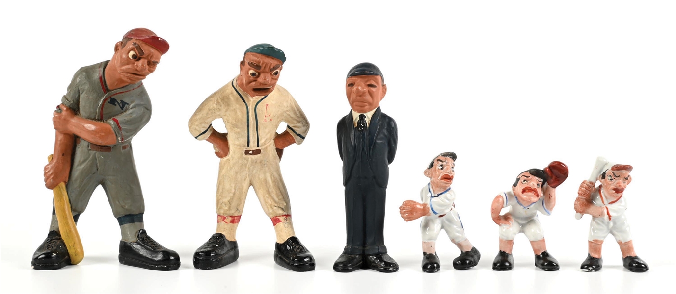 LOT OF 6: OCCUPIED JAPAN PORCELAIN & L.L. RITTGERS CHALKWARE BASEBALL CARICATURE FIGURINES