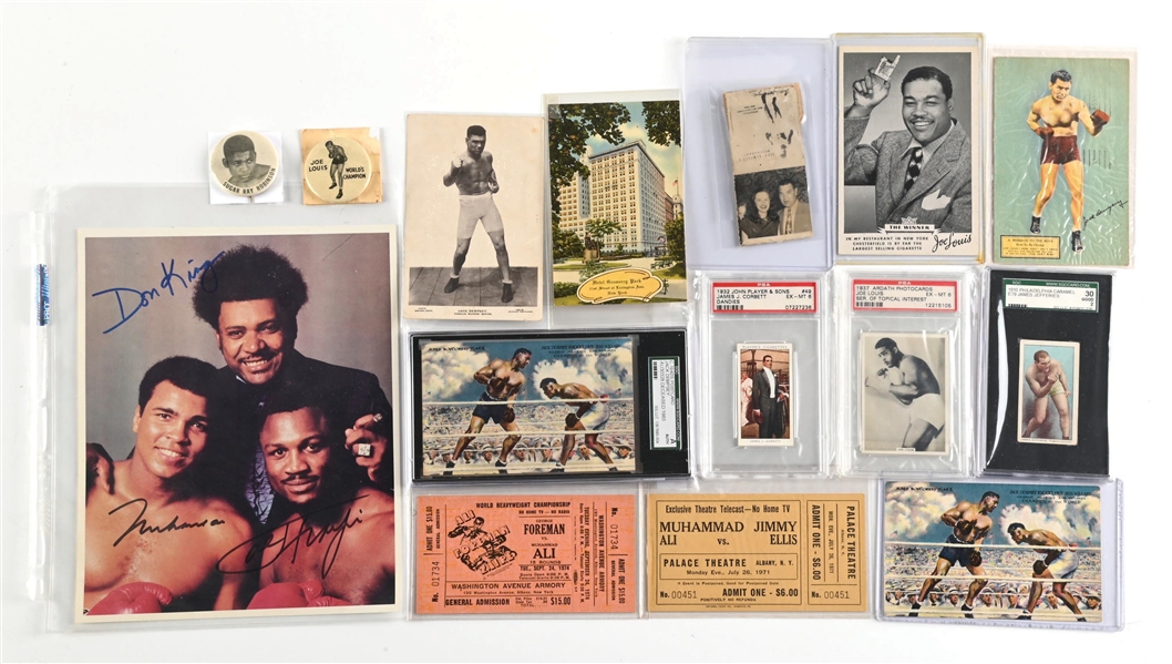 LOT OF: BOXING CARDS MEMORABILIA & EPHEMERA FEATURING SIGNED MUHAMMAD ALI, JOE FRAZIER, DON KING, JACK DEMPSEY MEMORABILIA 