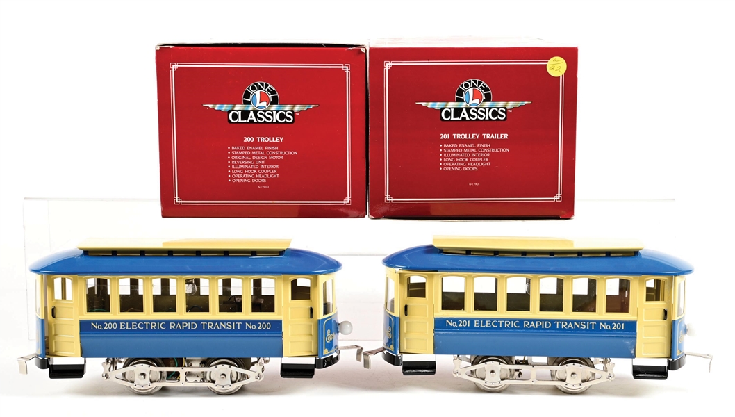 LOT OF 2: LIONEL CLASSICS STANDARD GA. NO. 200 ELECTRIC RAPID TRANSIT TROLLEY & NO. 201 TROLLEY TRAILER IN ORIGINAL BOXES