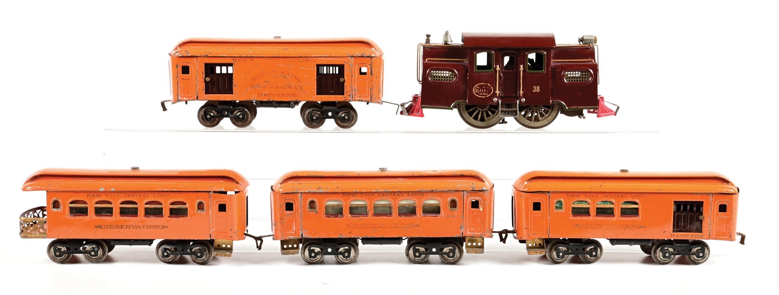 PRE-WAR LIONEL STANDARD GA. NO. 38 ELECTRIC LOCOMOTIVE & 4-CAR PASSENGER SET