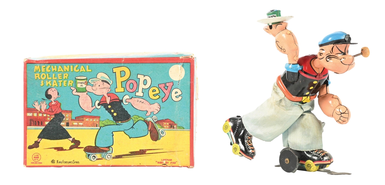 LINEMAR MECHANICAL ROLLER SKATER POPEYE, NO. J-1531, WITH ORIG. BOX