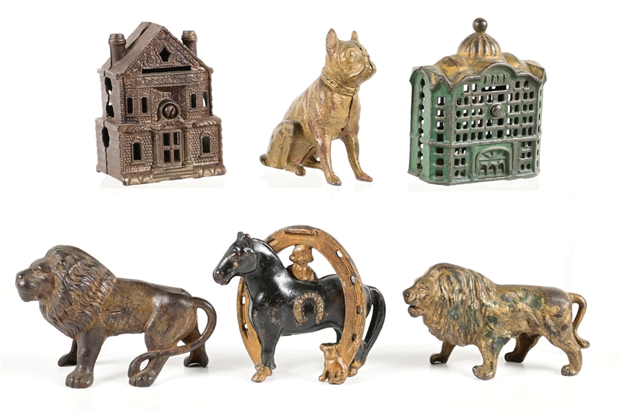 LOT OF 6: ASSORTED ANIMALS AND BUILDINGS CAST IRON STILL BANKS