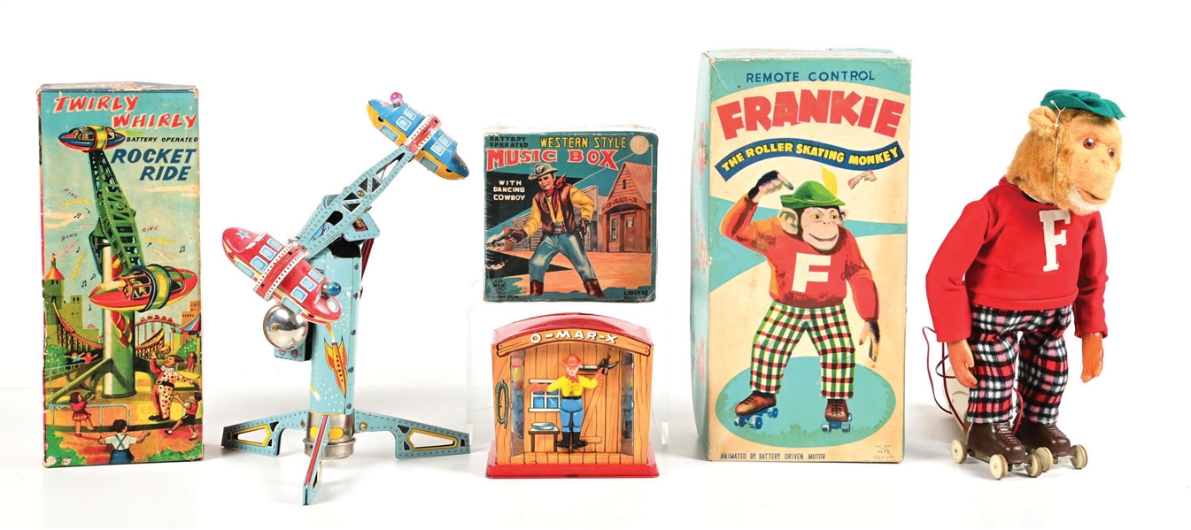 LOT OF 3: BATTERY OPERATED LINEMAR WESTERN STYLE MUSIC BOX, TWIRLY WHIRLY ROCKET RIDE AND FRANKIE THE ROLLER SKATING MONKEY W/ ORIG. BOXES